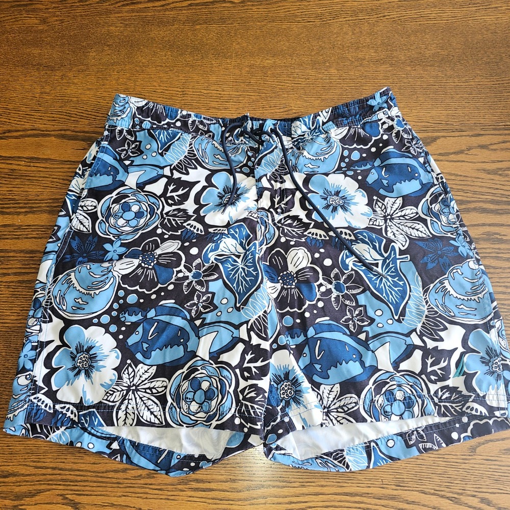 Nautica Mens Size L Blue White Shell Fish Floral Print Swim Trunks 9" Inseam